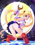  1girl ass bishoujo_senshi_sailor_moon blonde_hair blue_eyes boots bow breasts double_bun earrings earth elbow_gloves female from_behind full_moon gloves hair_ornament jewelry knee_boots leotard long_hair looking_at_viewer looking_back miniskirt moon open_mouth panties planet sailor_collar sailor_moon serafuku sideboob skirt smile solo space sparkle star teketeke tiara tsukino_usagi twintails underwear upskirt very_long_hair wand white_gloves white_panties 