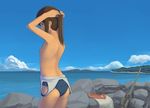  breasts brown_eyes brown_hair day i-401_(kantai_collection) kantai_collection nipples ocean one-piece_swimsuit outdoors ponytail school_swimsuit small_breasts solo swimsuit taji_(crowview) topless 