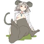  animal_ears black_legwear blush breasts chiyoshi_(sevendw) cleavage crossed_legs dress_shirt error feet hand_on_foot jewelry long_sleeves medium_breasts mouse_ears mouse_tail nazrin necklace open_clothes open_shirt red_eyes shirt short_hair silver_hair simple_background sitting solo sweat sweatdrop tail thighhighs touhou white_background white_shirt 
