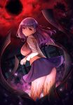  bangs black_moon blurry blurry_background breasts brown_vest commentary_request crying crying_with_eyes_open dutch_angle empty_eyes fate/stay_night fate_(series) fou_zi from_behind hair_ribbon heaven&#039;s_feel highres homurahara_academy_uniform large_breasts leaning_forward long_hair long_sleeves looking_at_viewer looking_back matou_sakura moon night outdoors purple_skirt railing red_eyes red_ribbon red_sky ribbon shirt skirt sky standing streaming_tears tears thighs vest white_shirt 
