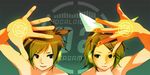  1girl bad_id bad_pixiv_id blonde_hair blue_eyes brother_and_sister hair_ornament hair_ribbon hairclip headphones hero_(dka) kagamine_len kagamine_rin ribbon short_hair siblings twins vocaloid 