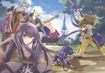  5boys alexei_dinoia bad_id bad_pixiv_id blonde_hair blue_hair brown_eyes brown_hair cloud day dog flynn_scifo fujimura_(marina) judith karol_capel left-handed long_hair multiple_boys pointy_ears raven_(tales) repede short_hair sky surcoat sword tales_of_(series) tales_of_vesperia tree weapon white_hair yuri_lowell 