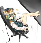  bare_legs barefoot chair crossed_legs feet feet_on_table frown green_hair hat legs looking_at_viewer massage_chair nabeshima_tetsuhiro office_chair red_eyes shiki_eiki sitting sketch skirt solo surprised sweatdrop touhou 