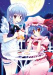  araiguma bad_id bad_pixiv_id bat_wings blue_hair braid cup hairband hat izayoi_sakuya moon multiple_girls night red_eyes remilia_scarlet short_hair silver_hair tea teacup teapot touhou twin_braids wings 