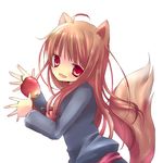  animal_ears apple bad_id bad_pixiv_id brown_hair food fruit holo kosuzume long_hair red_eyes solo spice_and_wolf tail wolf_ears 