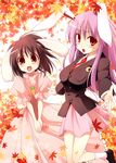  animal_ears black_hair blazer bunny_ears carrot dress fang inaba_tewi jacket kurikara leaf long_hair multiple_girls purple_hair red_eyes reisen_udongein_inaba short_hair skirt touhou 