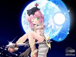  cat flat_chest flying green_eyes highres ishihara_masumi mage_(ragnarok_online) magic moon one_eye_closed pelvic_curtain pink_hair ragnarok_online solo staff tattoo wallpaper 