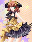  amami_haruka bad_id bad_pixiv_id brown_hair gloves green_eyes hair_ribbon hinata_momo idolmaster idolmaster_(classic) jewelry kulche live_for_venus locoroco one_eye_closed pendant ribbon solo star 