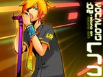  bad_id bad_pixiv_id blonde_hair casual green_eyes hair_over_one_eye hero_(dka) kagamine_len male_focus microphone microphone_stand necktie open_mouth solo vocaloid 