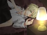  1girl abe_toshi bad_id bad_pixiv_id blonde_hair green_hair kagamine_len lamp lying nail_polish on_back pink_nails short_hair smile solo_focus vocaloid 