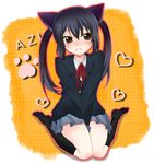  animal_ears bad_id bad_pixiv_id black_hair black_legwear blush brown_eyes cat_ears k-on! kneehighs long_hair minmin-zemi_(lover_paradox) nakano_azusa neck_ribbon red_ribbon ribbon school_uniform sitting skirt socks solo twintails 