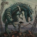  bad_id bad_pixiv_id black_hair dinosaur ka92 long_hair original power_lines robot scythe 