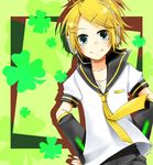  abe_toshi bad_id bad_pixiv_id blonde_hair blue_eyes clover cosplay crossdressing four-leaf_clover hair_ornament hairclip headphones kagamine_len kagamine_len_(cosplay) kagamine_rin necktie siblings smile solo twins vocaloid yellow_neckwear 