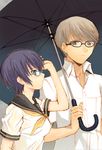  1girl blue_eyes blue_hair breasts couple glasses grey_eyes grey_hair hetero hijiri_ruka medium_breasts narukami_yuu persona persona_4 rain school_uniform serafuku shared_umbrella shirogane_naoto short_hair smile umbrella wet 