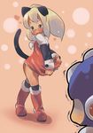  1girl animal_ears blonde_hair blush boots green_eyes knee_boots long_hair ponytail red_skirt rockman rockman_(character) rockman_(classic) roll skirt skirt_pull tail ushihashiru 