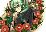  1girl abe_toshi blonde_hair blue_hair cape flower green_eyes green_hair hair_ribbon hat hatsune_miku kagamine_len long_hair ribbon twintails vocaloid 