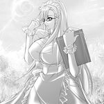  adjusting_eyewear apron breasts curvy glasses gloves greyscale huge_breasts juri_(shiningred) kafra long_hair maid monochrome ragnarok_online solo wide_hips 