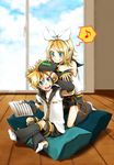  1girl abe_toshi blonde_hair blue_eyes brother_and_sister eighth_note hair_ornament hair_ribbon hairclip headphones headset kagamine_len kagamine_rin musical_note necktie open_mouth ribbon sheet_music short_hair shorts siblings smile spoken_musical_note twins vocaloid 