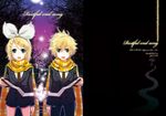  1girl abe_toshi bad_id bad_pixiv_id blonde_hair blue_eyes book brother_and_sister formal hair_ornament hair_ribbon hairclip kagamine_len kagamine_rin open_mouth ribbon scarf short_hair shorts siblings skirt_suit suit twins vocaloid 