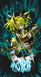  alternate_hairstyle bass_guitar blonde_hair blue_eyes boots caffein detached_sleeves glowing glowing_eyes guitar hair_ornament hair_ribbon hairclip highres instrument kagamine_rin kagamine_rin_(roshin_yuukai/hard_rkmix) ribbon roshin_yuukai_(vocaloid) solo twintails vocaloid 