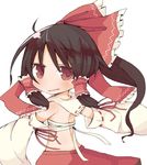  ahoge back bad_id bad_pixiv_id bare_back black_hair blush bow detached_sleeves hair_bow hair_tubes hakurei_reimu highres long_hair looking_back rowtan sarashi simple_background solo touhou 