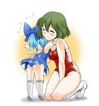  adapted_costume alternate_color_school_swimsuit ass blood blue_hair blush boots borrowed_design bow child cirno closed_eyes green_hair hair_bow height_difference hug kazami_yuuka kneeling miyaji multiple_girls nontraditional_school_swimsuit one-piece_swimsuit school_swimsuit smile swimsuit swimsuit_costume tiptoes touhou white_school_swimsuit white_swimsuit wings wrestling_outfit 