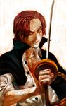  angry bad_id bad_pixiv_id facial_hair goatee lack male_focus manly one_piece realistic red_hair scar shanks solo sword unbuttoned weapon 