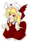  bacho bad_anatomy blonde_hair flandre_scarlet hat highres ponytail red_eyes ribbon short_hair side_ponytail solo touhou 