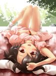  animal_ears arm_up bare_legs black_hair bunny_ears fuyutarou highres inaba_tewi jewelry light_rays looking_back lying on_back pendant red_eyes short_hair socks solo sunbeam sunlight thigh_gap touhou upside-down 