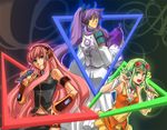  2girls \m/ blue_eyes crossover dpzkzl eggplant fish green_eyes green_hair gumi hand_on_hip headset kamui_gakupo long_hair looking_back macross macross_frontier megurine_luka microphone midriff multiple_girls nakajima_megumi pink_hair ponytail purple_hair seiyuu_connection vocaloid 