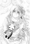  dress flower greyscale hair_flower hair_ornament highres koukaku_no_regios long_hair miyuu monochrome nina_antalk solo stuffed_animal stuffed_toy 