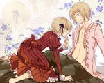  1girl axis_powers_hetalia barefoot bed_sheet blonde_hair blush chest dress flower frills green_eyes hair_ribbon liechtenstein_(hetalia) lingerie open_clothes open_shirt petticoat ribbon saiyki shirt siblings striped switzerland_(hetalia) underwear 