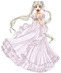  back_bow bad_id bad_pixiv_id bare_shoulders bead_bracelet beads bishoujo_senshi_sailor_moon blue_eyes bow bracelet double_bun dress earrings flower full_body gown jewelry long_hair princess princess_serenity rose silver_hair solo strapless strapless_dress tsukino_usagi twintails very_long_hair violetcoral 