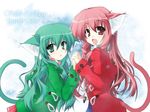  animal_ears cat_ears coat fang green_eyes green_hair holding_hands long_hair moe_(moeren) moeren multiple_girls otamon pink_eyes pink_hair ren_(moeren) tail 