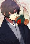  animal animal_on_shoulder axis_powers_hetalia bad_id bad_pixiv_id bird bird_on_shoulder black_hair blue_eyes eterno floral_print japan_(hetalia) japanese_clothes male_focus pheasant solo 