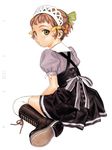  absurdres boots brown_hair duplicate form_code green_eyes highres looking_back maid murata_renji ribbon scan short_hair solo 
