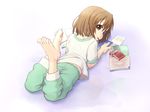  bad_feet bad_id bad_pixiv_id barefoot brown_eyes brown_hair feet food hirasawa_yui k-on! lying magazine mouth_hold on_stomach pajamas pocky short_hair solo takeda_yukimura 