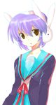  bad_id bad_pixiv_id brown_eyes bunny_headphones cardigan hayama_eishi headphones kita_high_school_uniform nagato_yuki purple_hair school_uniform serafuku short_hair solo suzumiya_haruhi-chan_no_yuuutsu suzumiya_haruhi_no_yuuutsu 