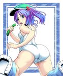  ass bad_id bad_pixiv_id blue_eyes blue_hair boots cucumber eating hair_bobbles hair_ornament hat kawashiro_nitori looking_back mendou_saya one-piece_swimsuit school_swimsuit short_hair solo surprised swimsuit touhou twintails two_side_up wet 