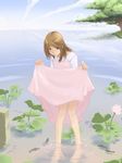  barefoot blush brown_eyes brown_hair copyright_request day dress fish heya_no_sumi nature pond skirt_hold sky solo water wet 
