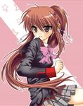  bad_id bad_pixiv_id bow brown_eyes brown_hair little_busters! long_hair natsume_rin pink_bow plaid plaid_skirt ponytail sakasaka school_uniform skirt solo 