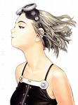  absurdres bare_shoulders breasts duplicate eyelashes floating_hair form_code goggles goggles_on_head grey_eyes grey_hair hair_slicked_back half-closed_eyes highres medium_breasts murata_renji parted_lips profile scan short_hair silver_hair simple_background skindentation sleeveless solo spaghetti_strap upper_body white_background wind 