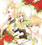  1girl blonde_hair blue_eyes flower glasses hair_ornament hair_ribbon hairclip headphones kagamine_len kagamine_rin kokoro_(vocaloid) mca_(dessert_candy) midriff necktie ribbon short_hair sitting smile tears vocaloid 