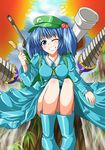  backpack bag blue_eyes blue_hair breasts drill grin hair_bobbles hair_ornament hat highres kawashiro_nitori large_breasts one_eye_closed shangorilla sitting smile solo touhou twintails two_side_up 