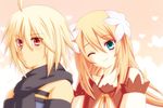  1girl blonde_hair blue_eyes brown_hair couple daybreak emil_castagnier flower hair_ornament hetero long_hair marta_lualdi one_eye_closed red_eyes scarf tales_of_(series) tales_of_symphonia tales_of_symphonia_knight_of_ratatosk 