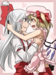  apron bad_id bad_pixiv_id blonde_hair blush bow fang flandre_scarlet fujiwara_no_mokou hair_bow hat lift multiple_girls naked_apron red_eyes silver_hair tacho thighhighs touhou wings yuri 