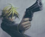  1boy blonde_hair blue_eyes commentary_request finger_on_trigger gun handgun headphones headset holding holding_gun holding_weapon kagamine_len male_focus menou_kururu rain revolver solo vocaloid weapon 