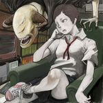  bad_feet bad_id bad_pixiv_id brown_hair demon horns mo-mo-ride open_mouth original pale_skin school_uniform serafuku shoes short_hair sitting sneakers solo television 