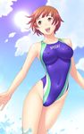  breasts brown_hair cloud competition_swimsuit copyright_request covered_nipples day happy highleg highleg_swimsuit kuri_(kurigohan) large_breasts navel one-piece_swimsuit outdoors pink_eyes shiny shiny_clothes short_hair skin_tight sky smile solo splashing sun swimsuit wading water 