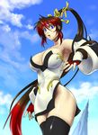  armpits breasts dress fingerless_gloves gloves highres huge_breasts kazue long_hair nanbu_kaguya ponytail solo strapless strapless_dress super_robot_wars super_robot_wars_og_saga_mugen_no_frontier thighhighs very_long_hair 